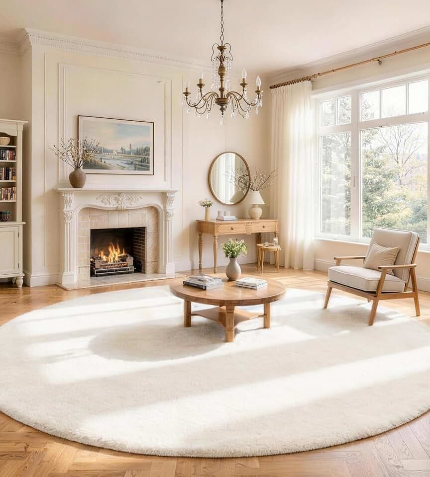 Kunstfell Teppich Kurzflor Wohnzimmer Rund 120 cm Creme Waschbar