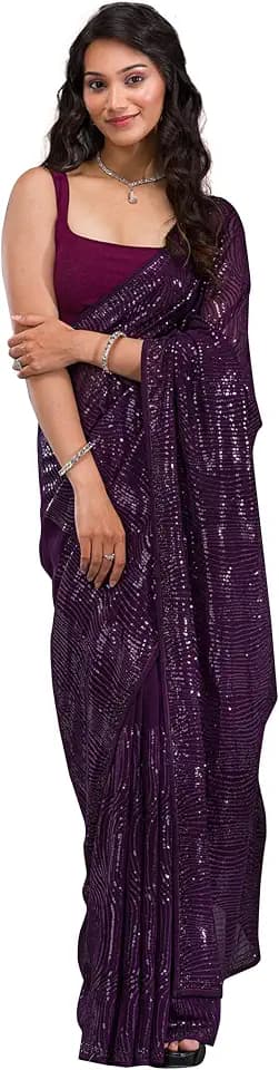 TRENDMALLS Damen Georgette-Sequenz Stickerei Arbeit Sari mit Unstich-Bluse Stück (K1135-Lila)