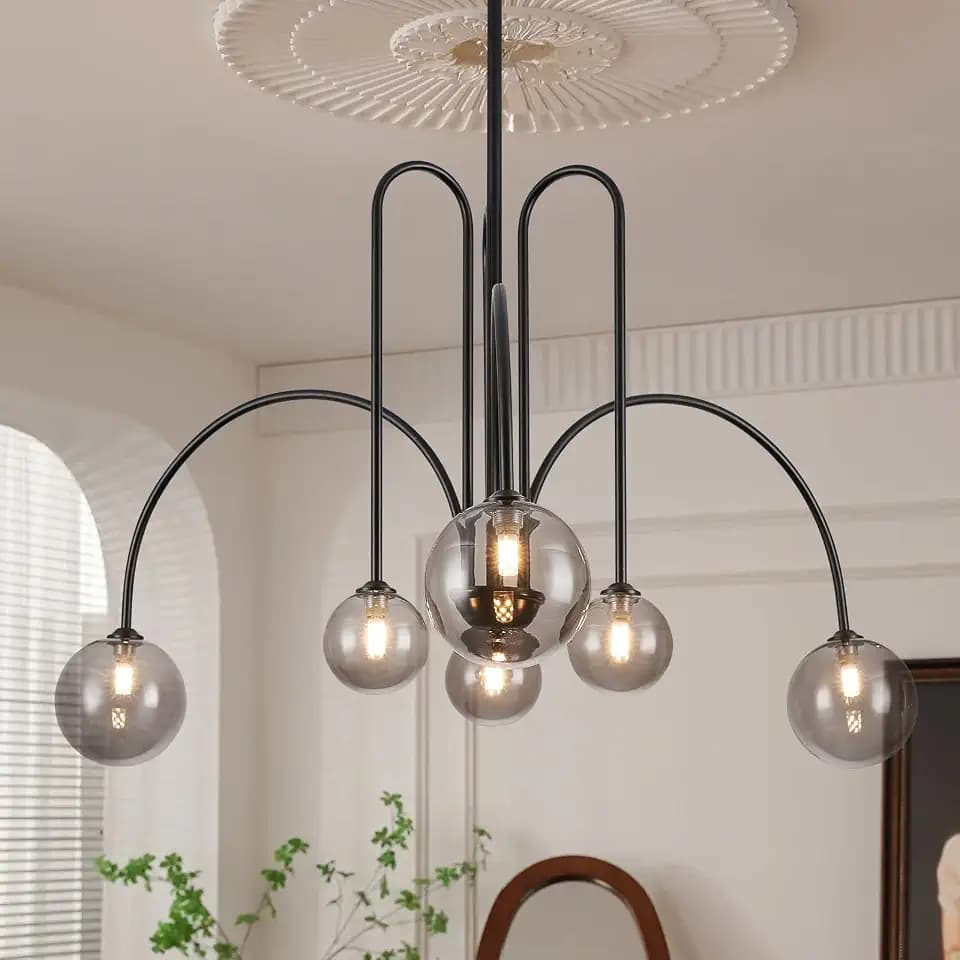 CATINER Modern 40" 6-Light Black Sputnik Chandelier with Smoke Glass Globe