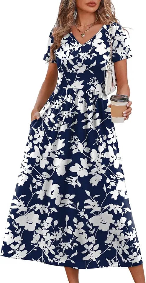 OFEEFAN Summer Dresses for Women Flowy Casual A-Line Midi Dress Beach Vacation Sundresses with Pockets S-2XL
