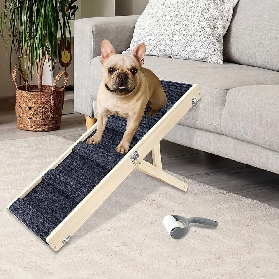 Okydoky Small Dog Ramp, Portable Folding Pet Stair Ramp, 32" Long Wooden Pet Ramp with Non-Slip Carpet Surface, Adjustable 4 Levels Height, Foldable Dog Car Ramp for Sofa, Couch, Car (Wood) NO.LGPT11