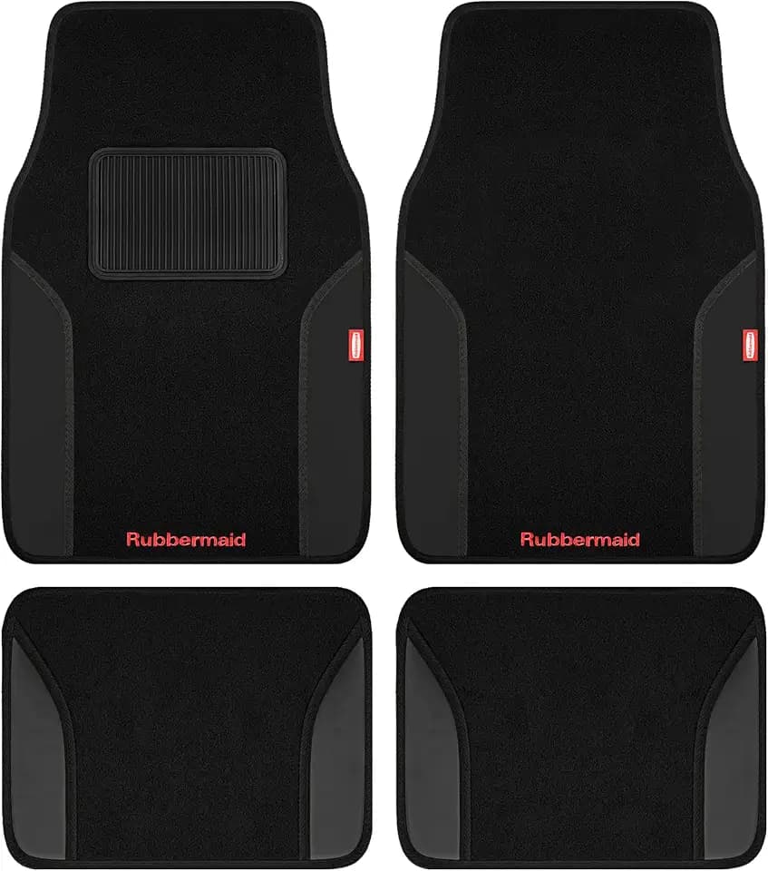 Rubbermaid Car Mats, Carpeted Floor Car Mat with Faux Leather & Built-in Heel Pad, Two-Tone Car Rug Floor Mats, Stylish Carpeted Floor Mats for Cars, Trucks & SUVs Black Color
