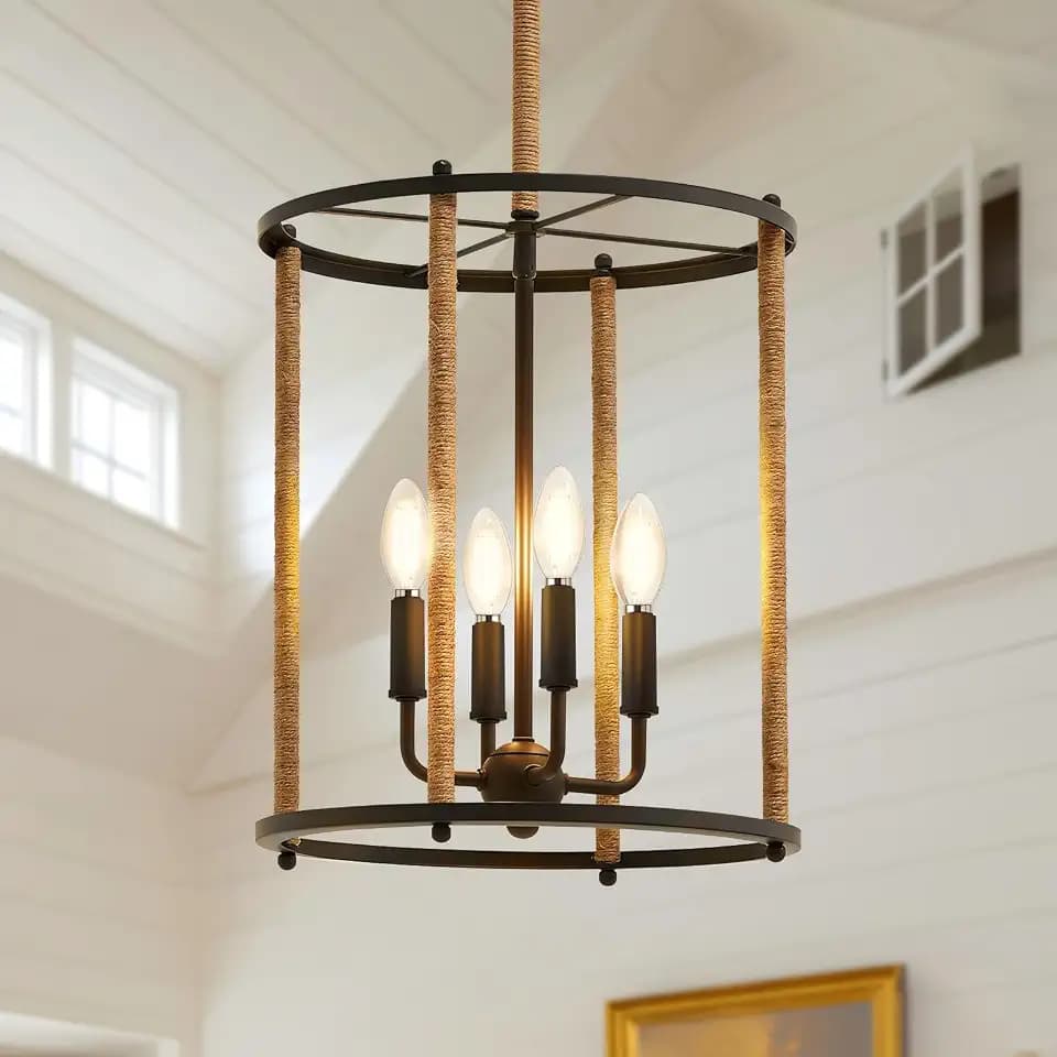 4-Light Black Chandelier, Adjustable Height Farmhouse Ceiling Light Fixture