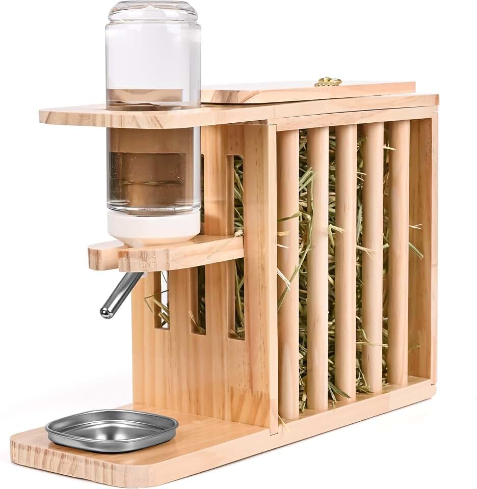 Holz-Heuraufe mit 500ml Trinkflasche & Edelstahl-Tropfschale