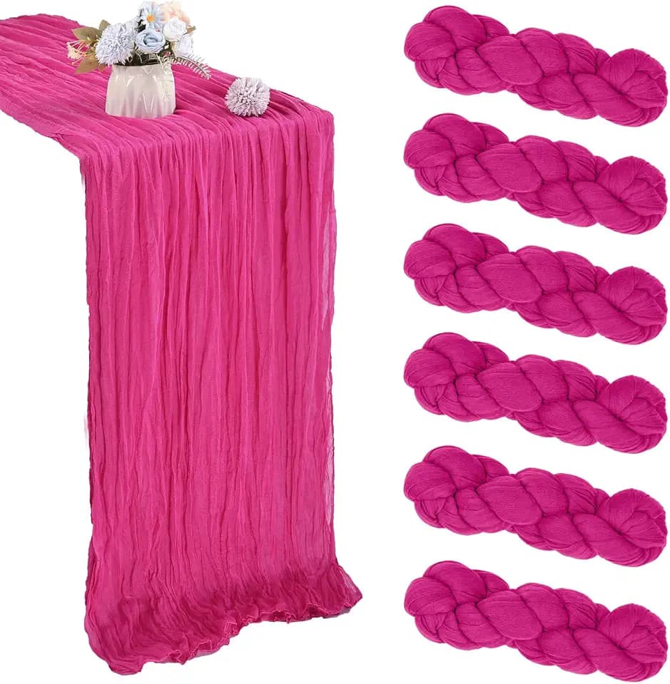 6 Pack Hot Pink Cheesecloth Table Runner 35x120 Inch Gauze Rustic Boho Table Runner 10FT Cheese Cloth for Summer Wedding Decor Birthday Party Bridal Baby Shower Table Decoration