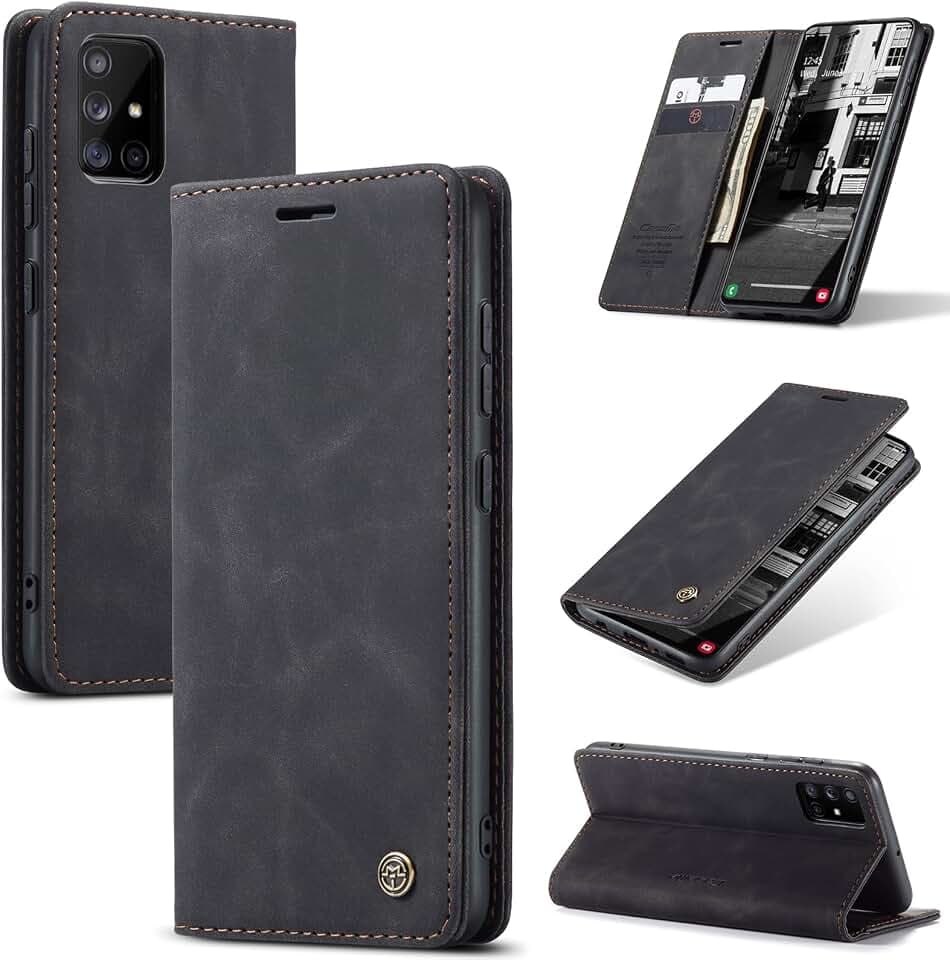 Handyhülle für Samsung Galaxy A51 Hülle, Premium Lederhülle Weiches Vintage-Nubukleder Faltbare Ständer Klapphülle Kartenfach Standfunktion stoßfest Schutzhülle für Samsung A51 -Schwarz