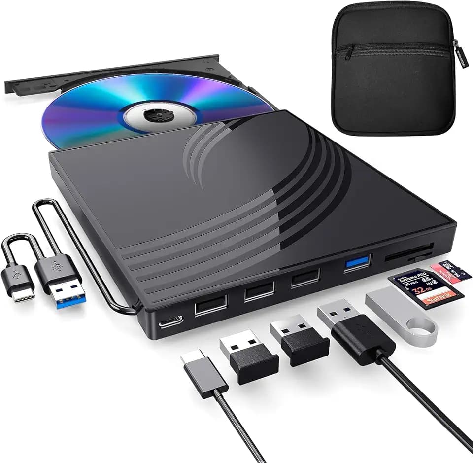 BPAKDU External CD/DVD Drive for Laptop with Carrying Case,DVD Player for Laptop,Portable CD Burner with 4 USB Ports, 2 TF/SD Card Slots,CD Disk Drive Player Reader Write