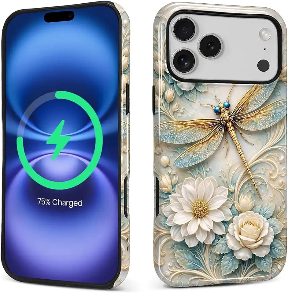 for iPhone 17 Pro Max Case Compatible with MagSafe 2-in-1 Glossy All Inclusive Anti Fall Doublelayer Protection Soft TPU+PC Back Pattern Case for iPhone 17 Pro Max for Women Dragonfly Flowers