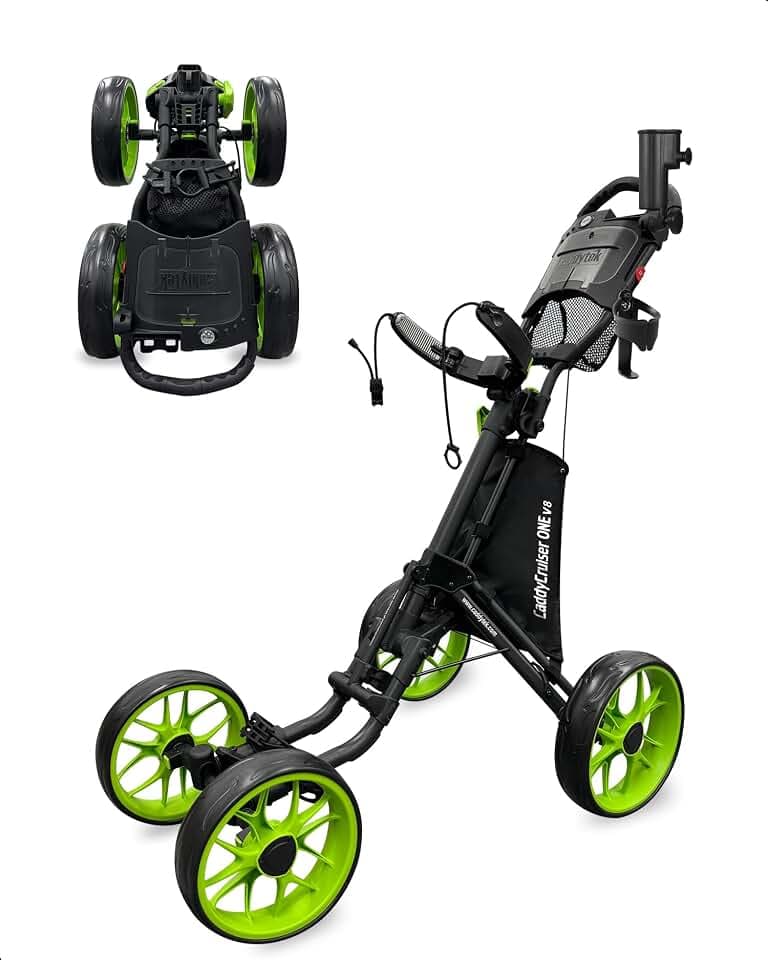 CaddyTek 4 Wheel Golf Push Cart - Caddycruiser One Version 8 1-Click Folding Trolley - Lightweight, Compact Pull Caddy Cart, Easy to Open