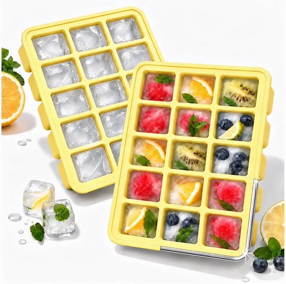 CAKETIME 2 Pack Silicone Ice Cube Trays with Lid Reusable Metal Reinforced BPA-Free Freezer Containers Bin Molds Stackable Easy Release Home Bar Essentials Coffee Whiskey Juice Drinks Yellow