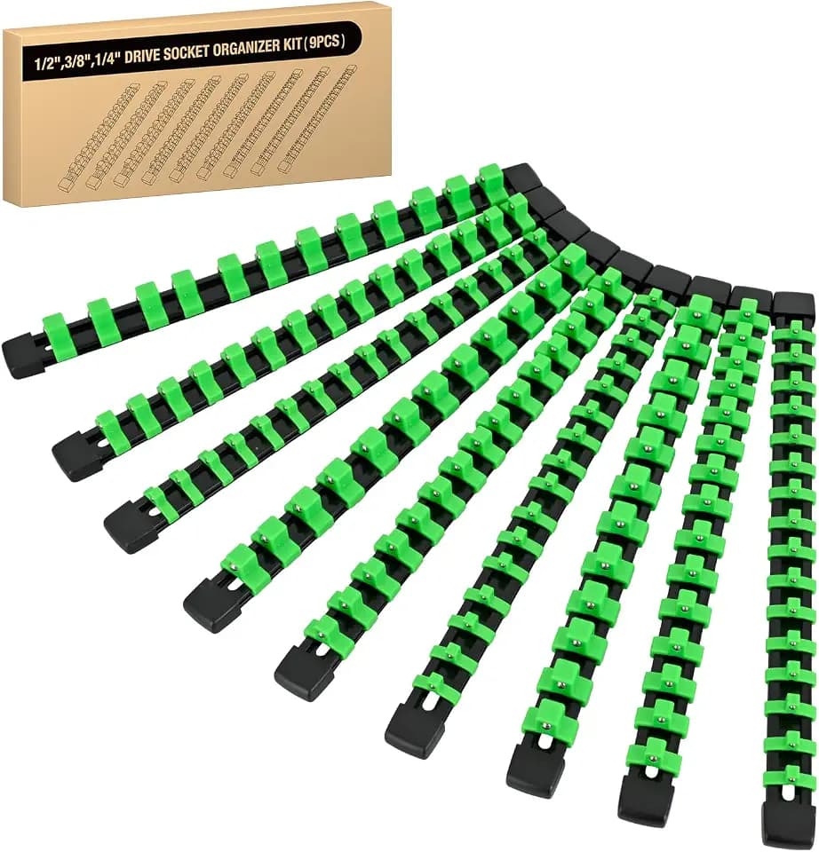 GOOACC Socket Organizer ABS Socket Holder Set 1/4" 3/8" 1/2" Drive Socket Rail Holders Stores up 129 Clips Impact Sockets Organizers Rails for Tool Box Drawer, 9 Piece Green