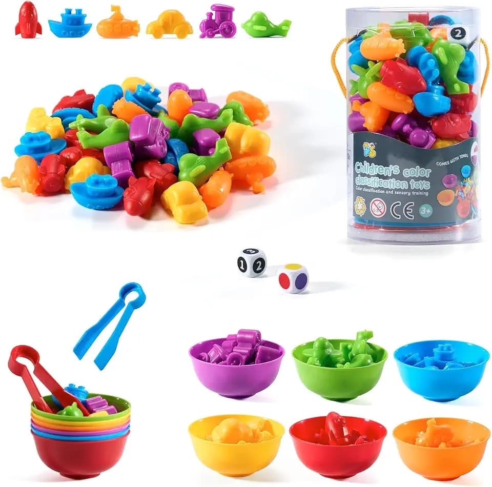 47-teiliges Sortierspiel ab 2 Jahre mit Stapelbechern und Zange – Montessori Spielzeug ab 3 für Farben & Feinmotorik – Reisespiele Kinder ab 3 mit Aufbewahrungsbox