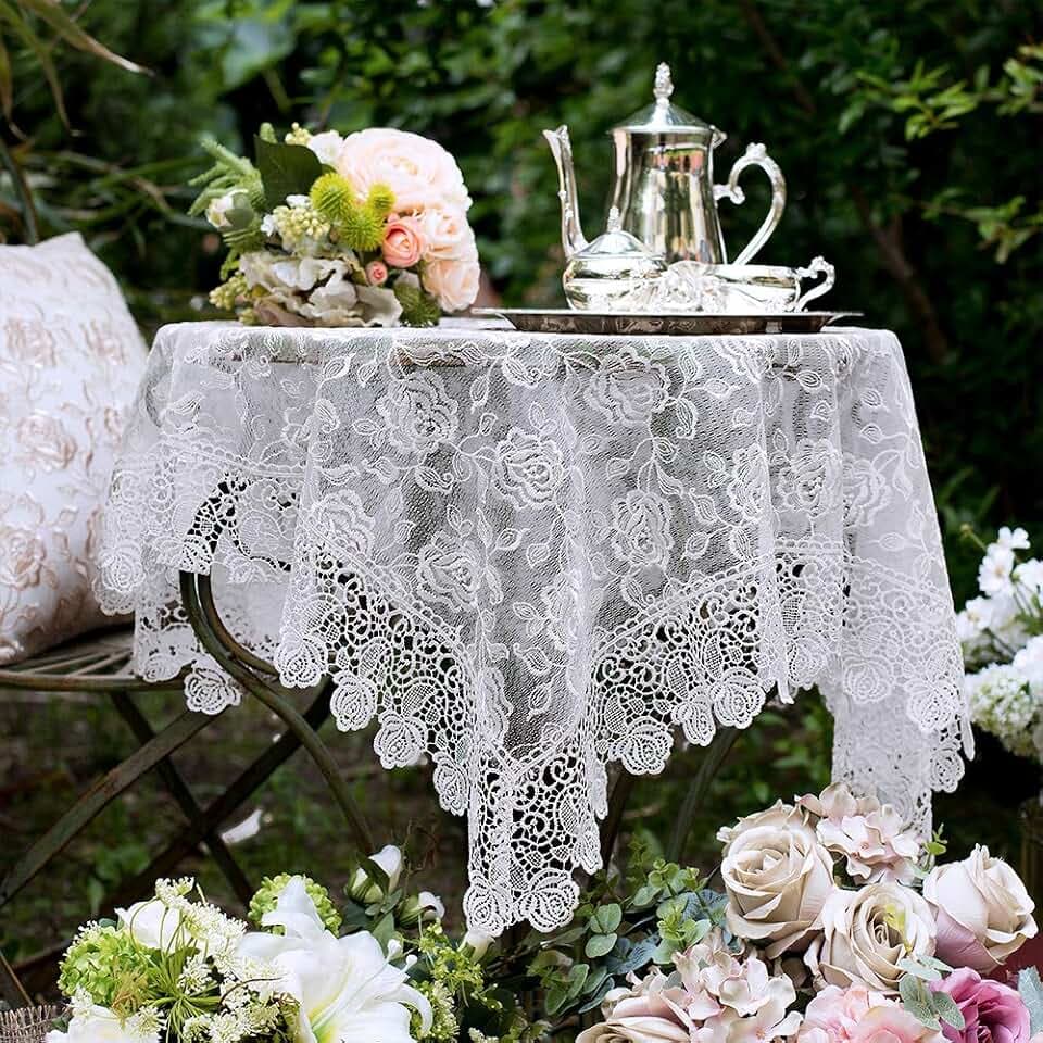 ARTABLE White Small Lace Square Tablecloth Macrame French Vintage 51x51Inch