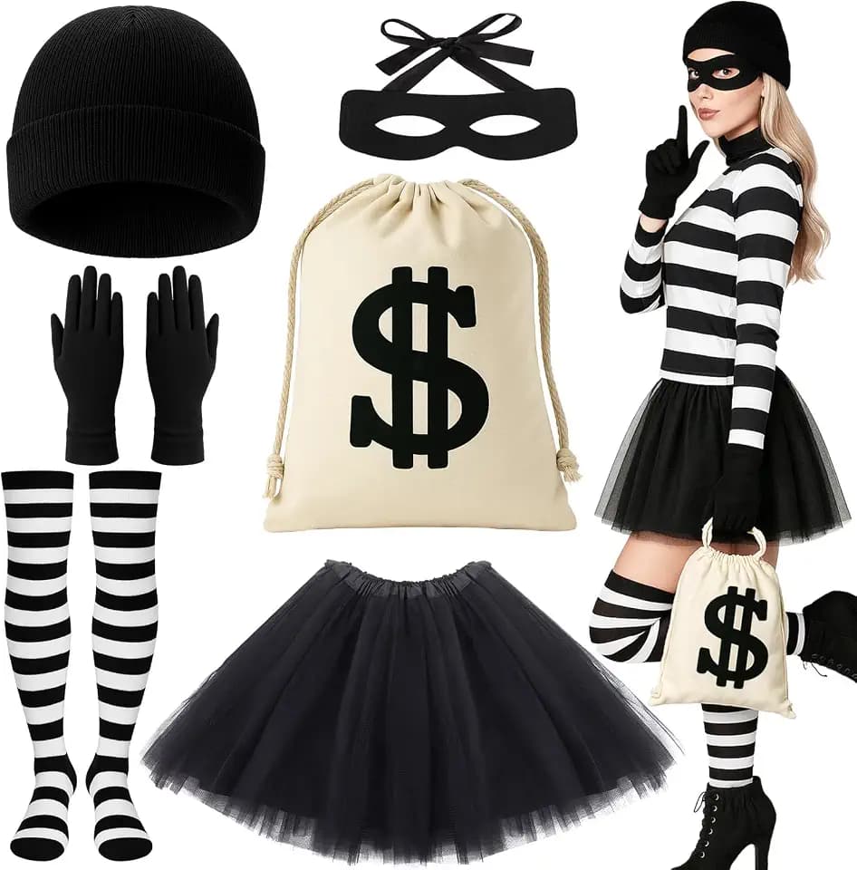 6-teiliges Räuber-Kostüm-Set für Mädchen, Einbrecher-Kostüm mit Tutu-Rock, Dieb, Beanie, Handschuhen, Augenmaske, Leinen, Geldbeutel, gestreifte Socken für Erwachsene, Halloween, Cosplay