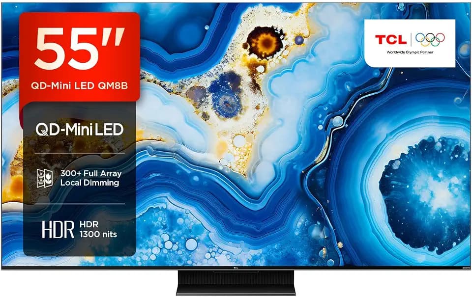 TCL 55QM8B Fernseher MiniLED 55 Zoll, QLED, 144Hz, 4K HDR Premium 1300nits, Google TV, Dolby Atmos, Onkyo, Game Master Pro 2.0