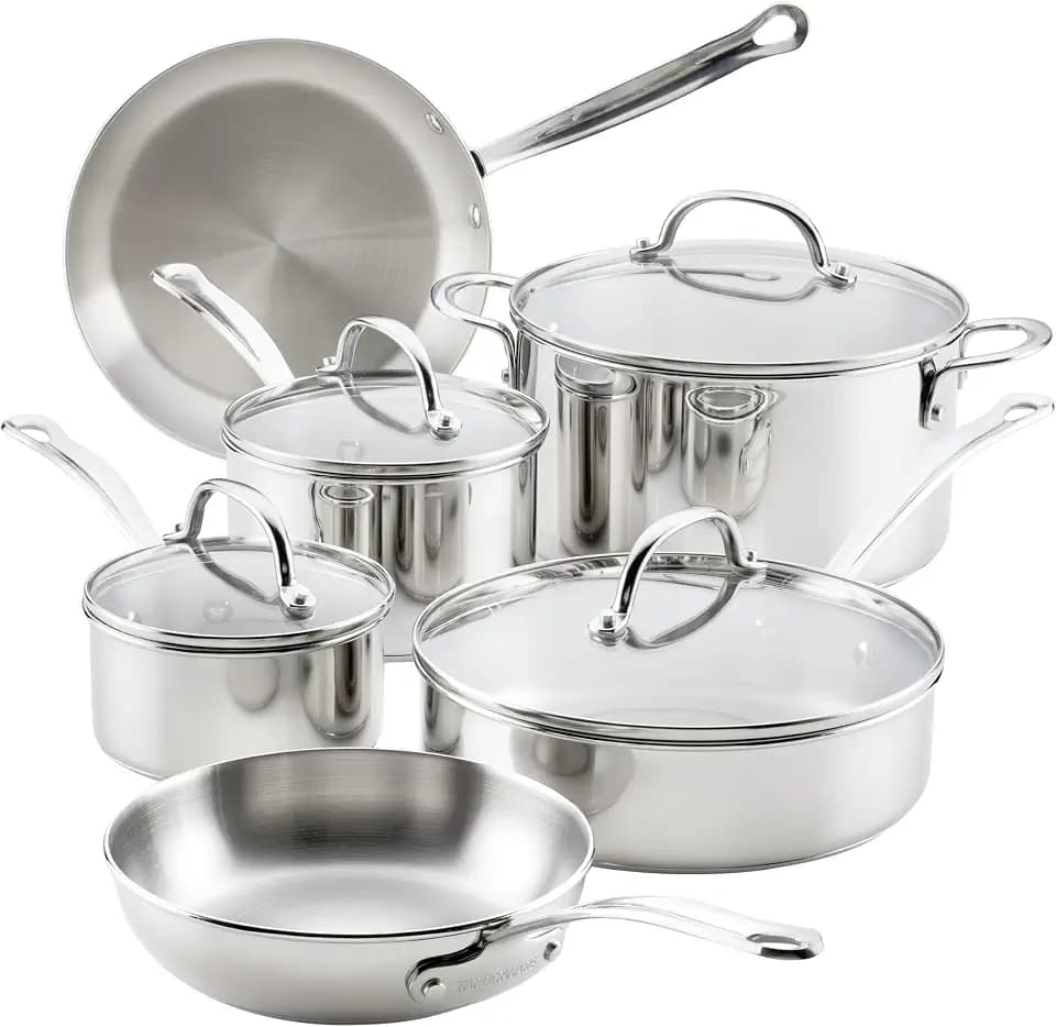 Farberware Millennium Stainless Steel Pots and Pans with Lids, Induction Ready, Compatible with All Cooktops, Metal Utensil Safe, 10 Piece Cookware Set, Dishwasher Safe - Stainless Steel