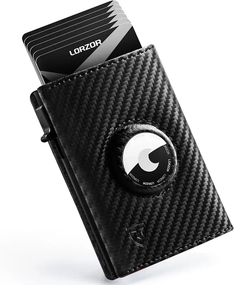 LORZOR AirTag Wallet - Full Grain Leather, Mens Minimalist Wallet with Apple Air Tag Holder, Slim Smart Pop up Card Case, ID Window, RFID Blocking, Front Pocket (AirTag Not Included)