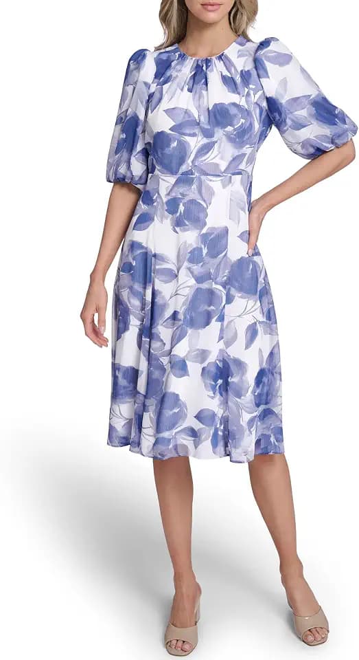 Calvin Klein Puff Sleeve Chiffon Midi