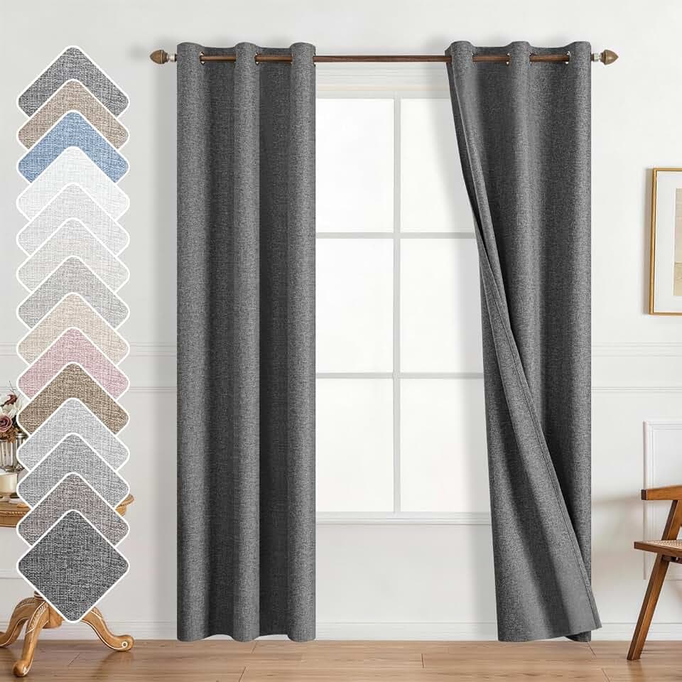 Linen Textured 100% Blackout Curtains,Noise Reducing & Energy Saving Drapes for Bedroom & Living Room,Grommet Top,Double-Sided Thermal Insulated,2 Panels Set 42" W x 84" L,Charcoal Gray