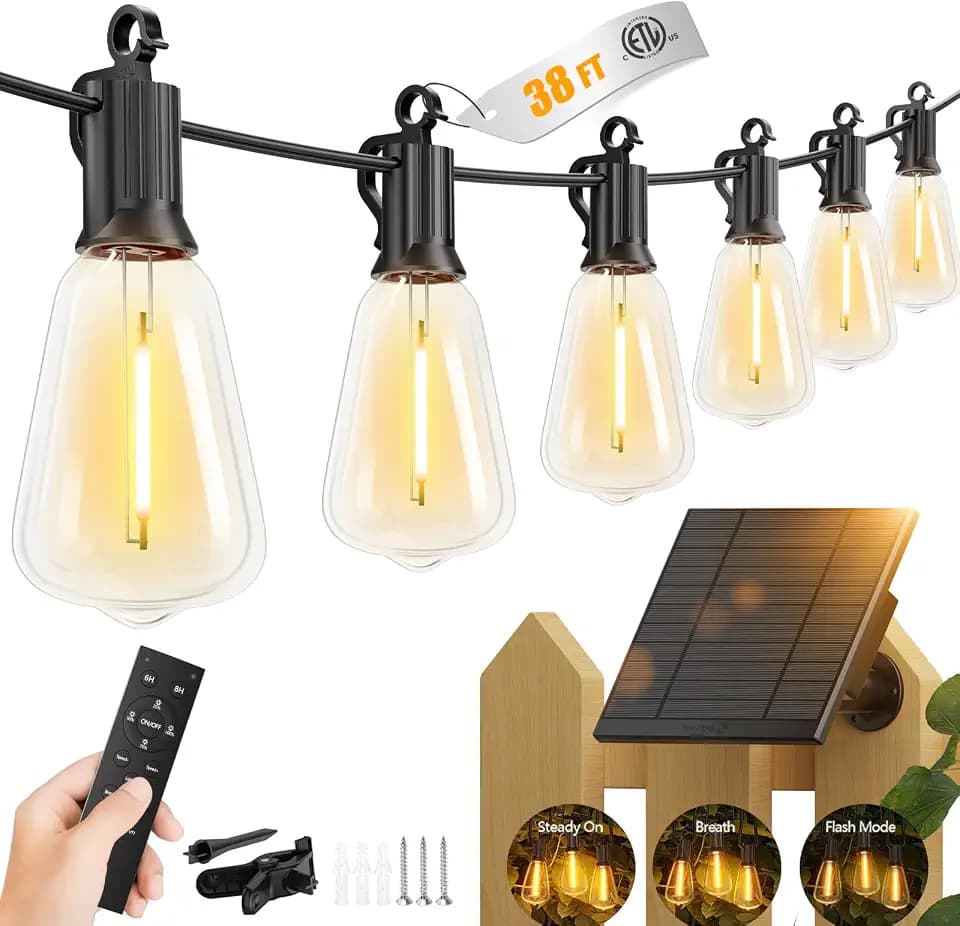 Brightown 38FT Solar String Lights Outdoor, 15+1 Shatterproof LED Lights