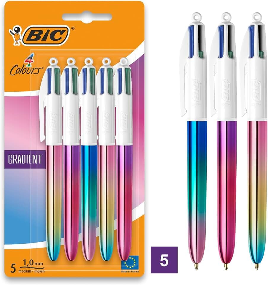 BIC 4 Farben Kugelschreiber Set 4 Colours Gradient, 5er Pack in Metallic-Farbverlauf, nachfüllbar, Ideal für das Büro, das Home Office oder die Schule