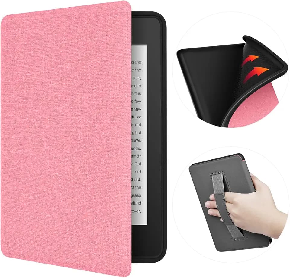 ERUNTO Hülle für 6 Zoll Kindle (Released in 2022 and 2024), TPU Cover mit Stoffstruktur und Handgürtel auf der Rückseite, Magnetische Shell Cover mit Smart Wake-up/Sleep-Funktion(Rosa)
