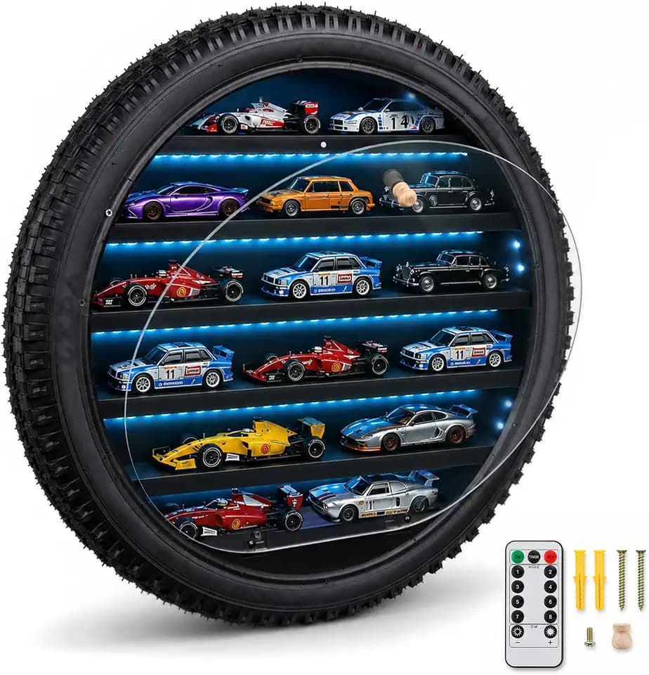 Tire-Shaped Display Case for 1/64 Scale Cars, Acrylic Dust Cover & Remote-Controlled LED Light, Wooden Collector Display Cabinet, Wall Mount or Tabletop Showcase for Diecast Car Collection