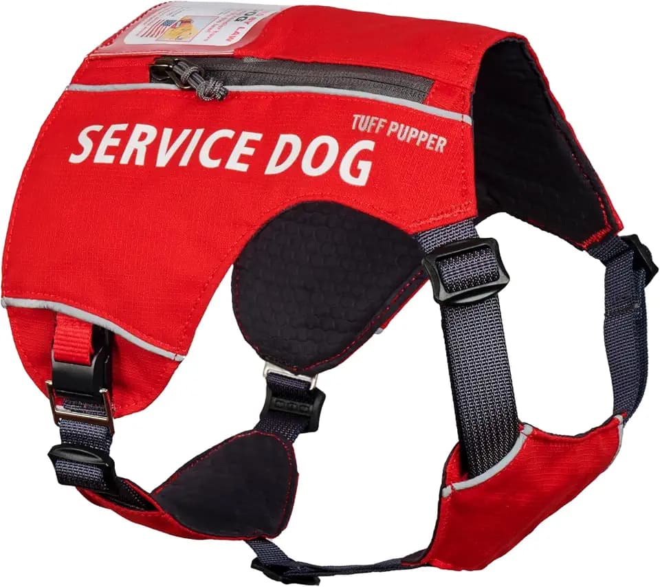 Tuff Pupper Service Dog Vest with ID Pocket | No Leash Attachment | Quick-Release Magnetic Buckles | Reflective Trim | Adjustable Fit | Comfortable & Durable | Designed for Small Dogs (Red, Small)