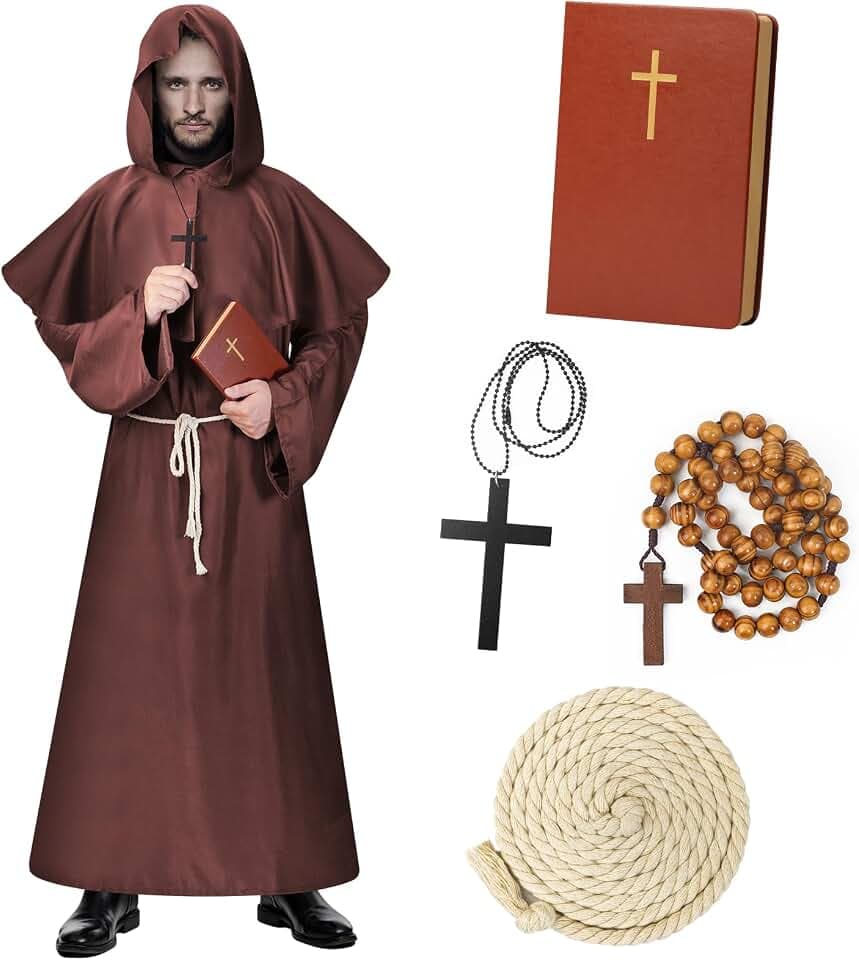 Mönch Robe Kostüm Mönch Priester Gewand Halloween Fasching Kostüm mit Kapuze Mittelalterlich, Perfekt Als Karneval Kostüm Herren