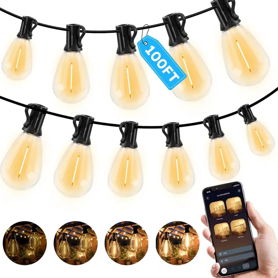 GvvooHome 100FT Outdoor String Light with S11 Plastic Bulbs, Low-Voltage LED Patio Light with App & Remote, Music Sync, 4 Lighting Modes, Dimmable & Waterproof for Backyard, Porch, Garden, Deck, Party