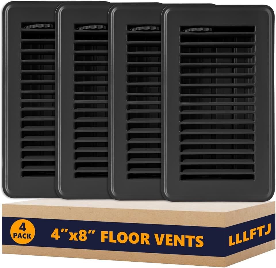 4Pack Floor Vent Covers, Floor Register 4" x 8", Adjustable Decorative Vent Covers for Home Floor, Ceiling or Sidewall Vent, Rust-Proof Heavy Duty Walkable Steel Floor Vents (Black 4'' x 8'' 4 Pack)