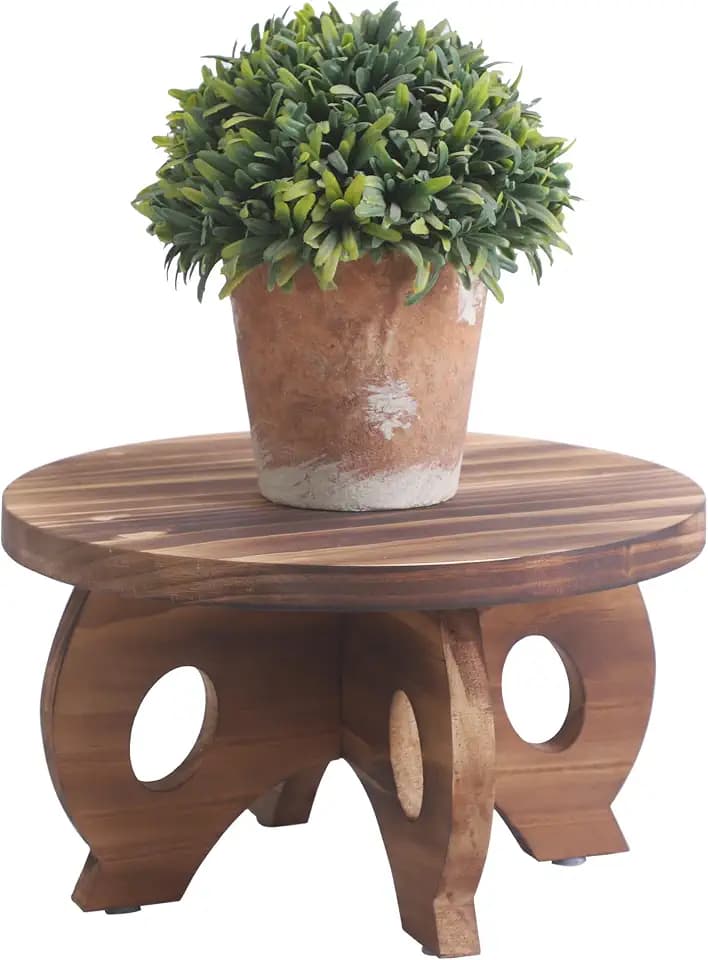 Small Wooden Plant Stand Indoor, 10-Inch Round Pine Wood Plant Riser and Display Pedestal for Tabletop, Countertop and Home Decor, Brown