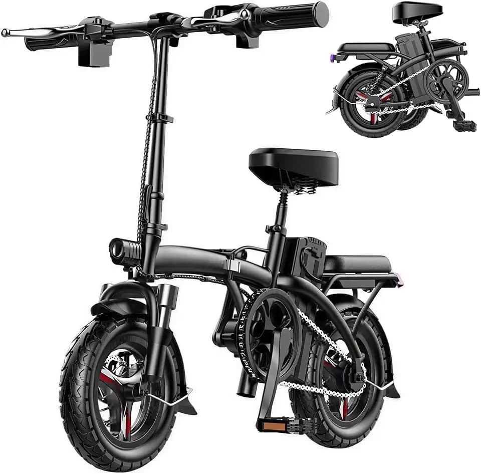 E Bike mit bis zu 40 km Reichweite,14 Zoll E Bike Elektrofahrräder mit Federung, LED-Licht für Stadtpendler & Scheibenbremsen