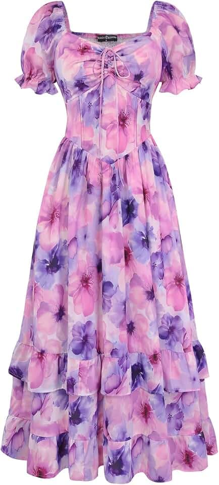 SCARLET DARKNESS Damen Viktorianisches Blumenkleid Kurzarm Rüschensaum Sommer Lang Kleider