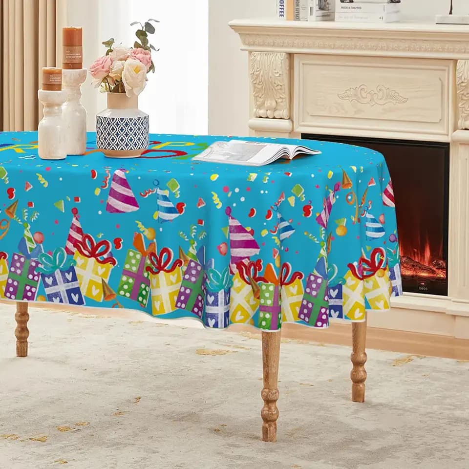 Horaldaily Blue Birthday Tablecloth, 60x84 Inch Oval