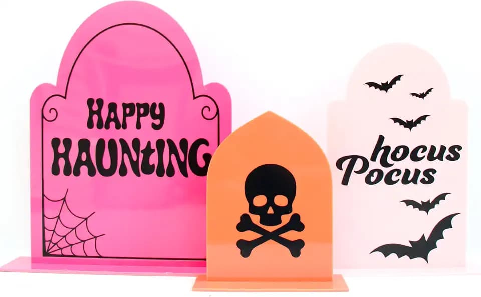C. R. Gibson ADHT-25263 Kailo Chic Acrylic Tombstone Halloween Decorations, Sizes Vary, Pink and Coral, 3 Pieces