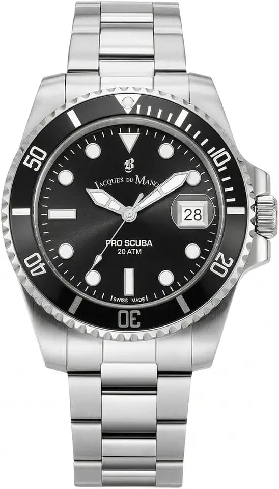 Jacques Du Manoir Pro Scuba, Herren Taucheruhr, Quarz Analog, Edelstahl, 43mm, Edelstahlarmband, Silber, 20 bar, Zifferblattfarbe: Schwarz, Datumsanzeige, JWG02801