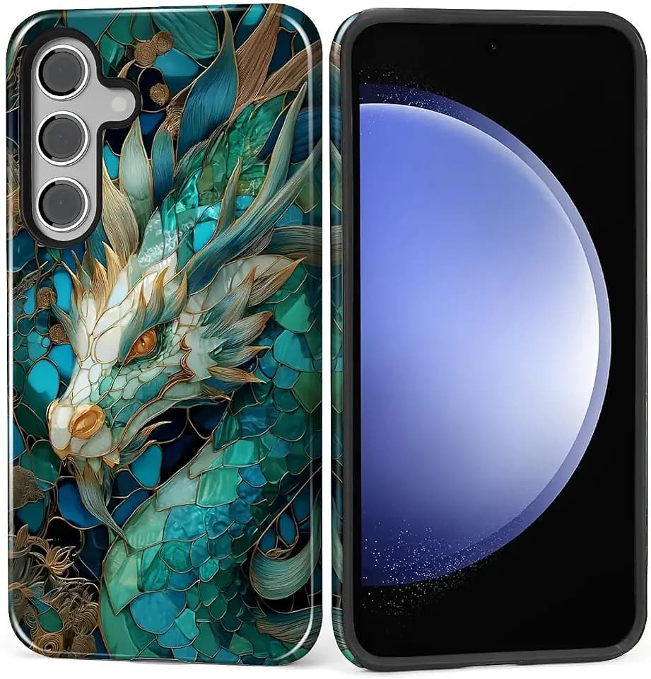 Case for Samsung Galaxy S25 Plus, Hybrid Heavy Duty 2 in 1 Full Body Rugged Shockproof Protection Glossy Case for Samsung Galaxy S25 Plus Blue Gold Dragon Stained Glass