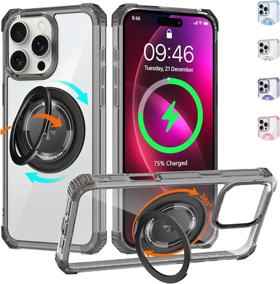 Clear Case for iPhone 16 Pro with Magnetic 360 Rotatable Ring Stand