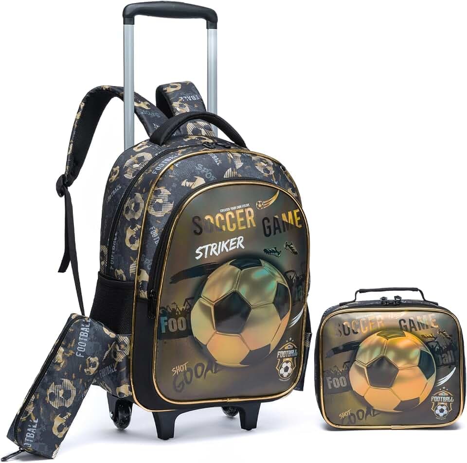 Rucksack mit Rollen Kinderkoffer Jungen Kinder für Koffer Schultrolley Kindertrolley Trolley Groß Schultasche Handgepäck Kindergepäck 3pcs Sätze Geeignet für Grundschüler Fußball Braun