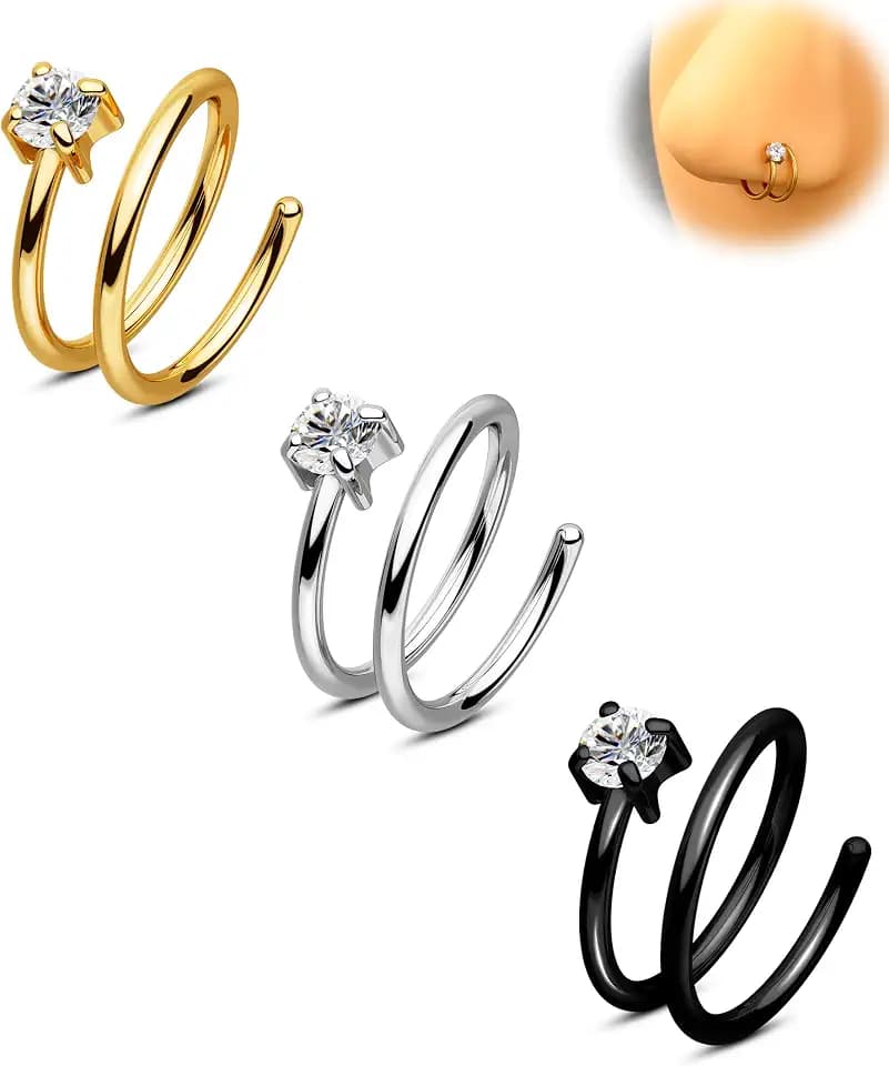 CM Crareesi Mania 3PCS Double Nose Ring Hoop for Single Piercing Pack, 316L Stainless Steel Spiral Twist Nose Hoop, 18G/20G Nose Piercing Hoop for Women Clear CZ Twist Nose Ring