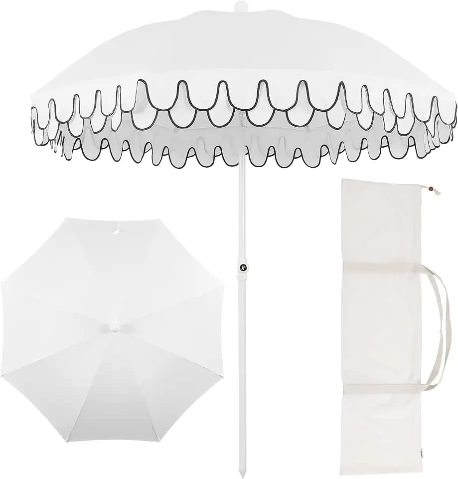 JONATHAN Y Horizon 6.5 ft. Scalloped Fringe Beach Umbrella, White