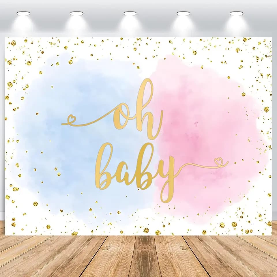 7x5FT Gender Reveal Backdrop Oh Baby Blue Pink Watercolor Splash Gold Glitter Photography Background Gender Reveal Baby Shower Party Decorations Banner Photo Booth Props