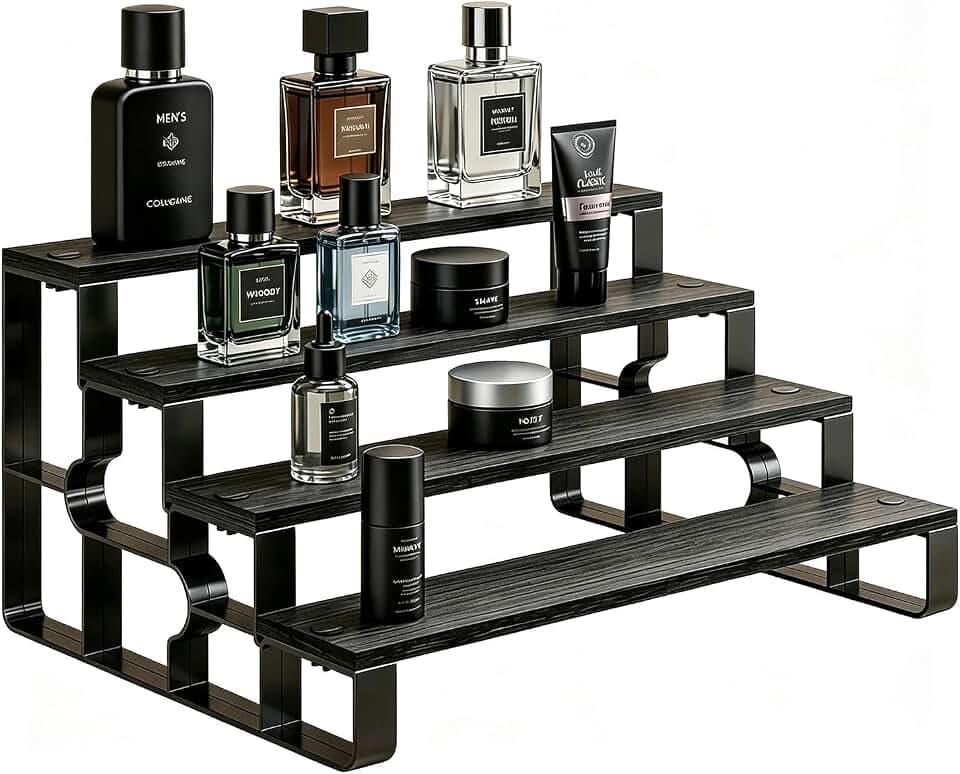 4 Tier Cologne Organizer for Men, Wooden Display Riser Stand for Countertop