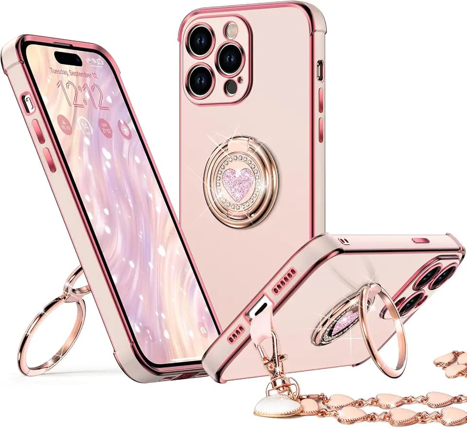 XYZ for iPhone 15 Pro Case with Stand, Phone Case with Double Ring Kickstand, Women Girls Bling Luxury Protective Case Heart for iPhone 15 Pro, Pink