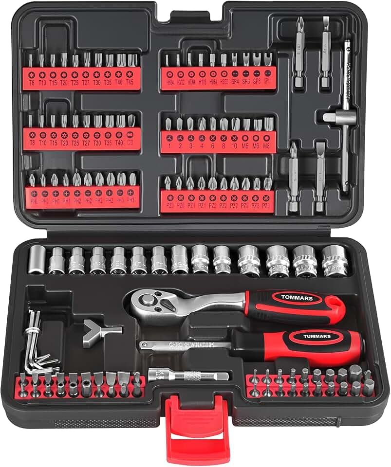 TOMMARS 130PCS Mini Ratchet Set, 1/4 Inch Socket Set, Screwdriver Bits.