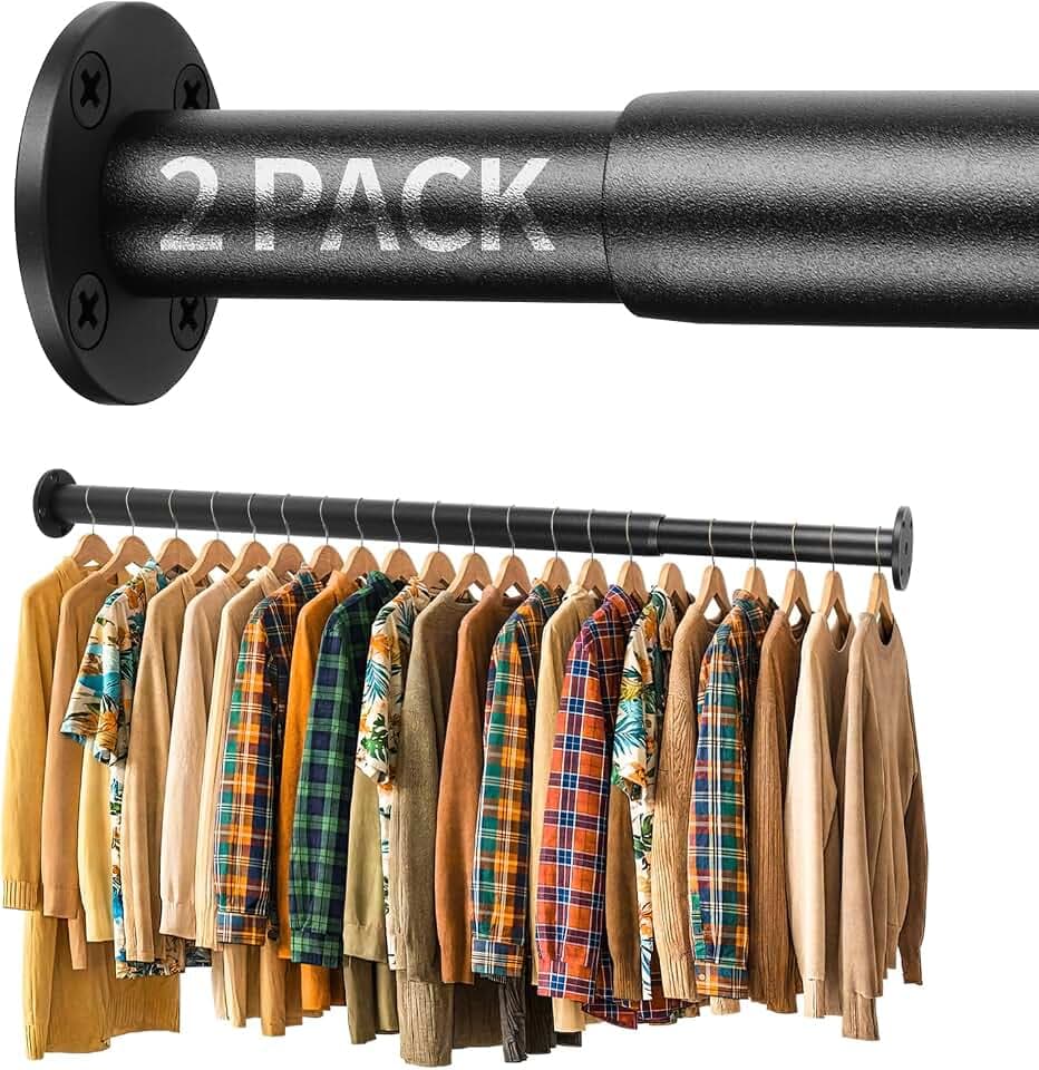 BaiNong Closet Rods for Hanging Clothes Adjustable 17"-30" Black 2 Pack