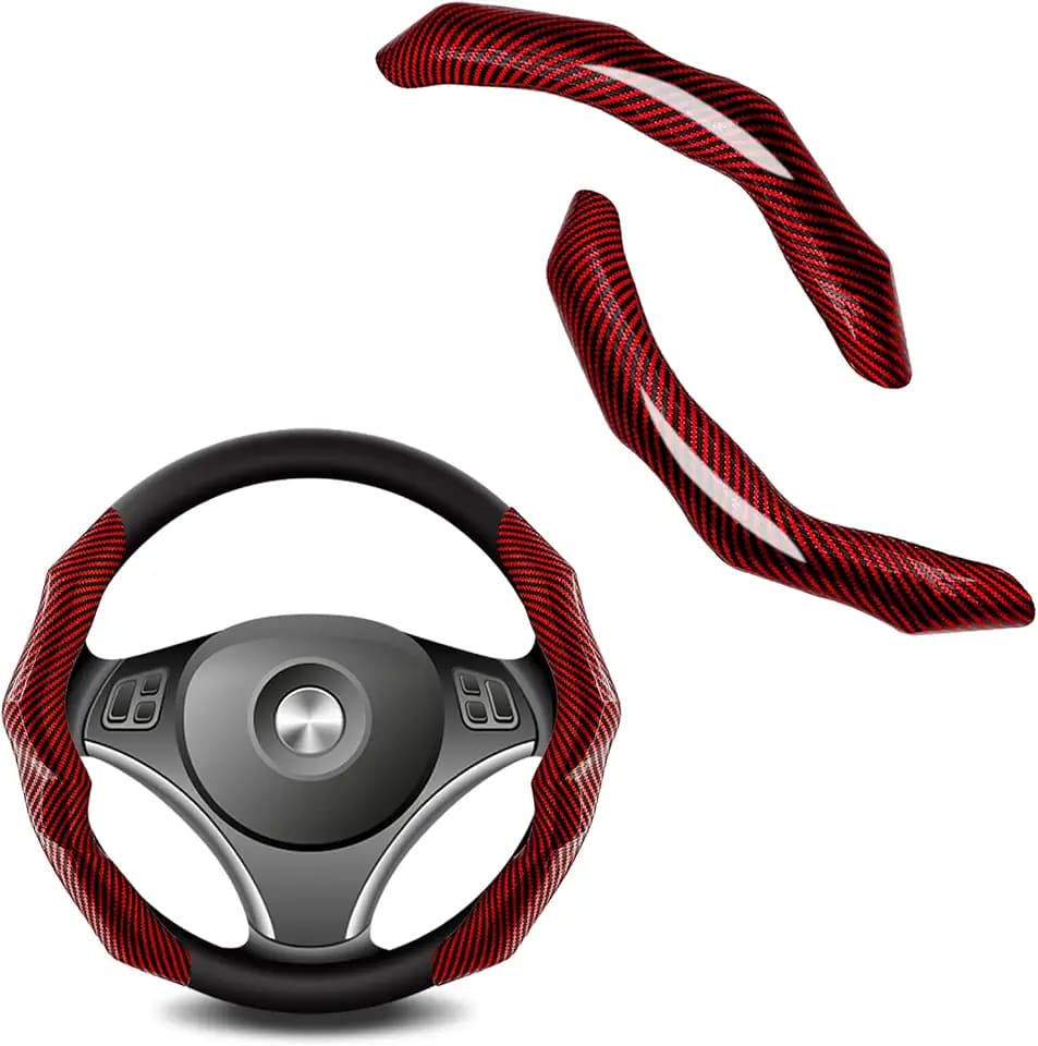 2pcs Universal Carbon Fiber Steering Wheel Cover - Anti-Slip & Segmented Design, Cool Irregular Shape Grip Steering Wheel Protector for Men and Women, Car Interior Accessory (Red)