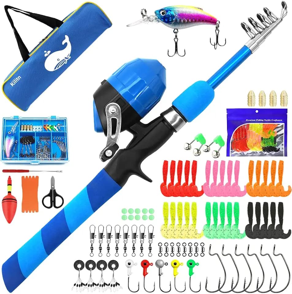 Kilitn Angelsets für Kinder - 86 teilig, Teleskop-Angelrute und Spincast Angelrollen Komplettset mit Angelzubehör Box und Reisetasche für Jungen, Mädchen, Jugend, Starter