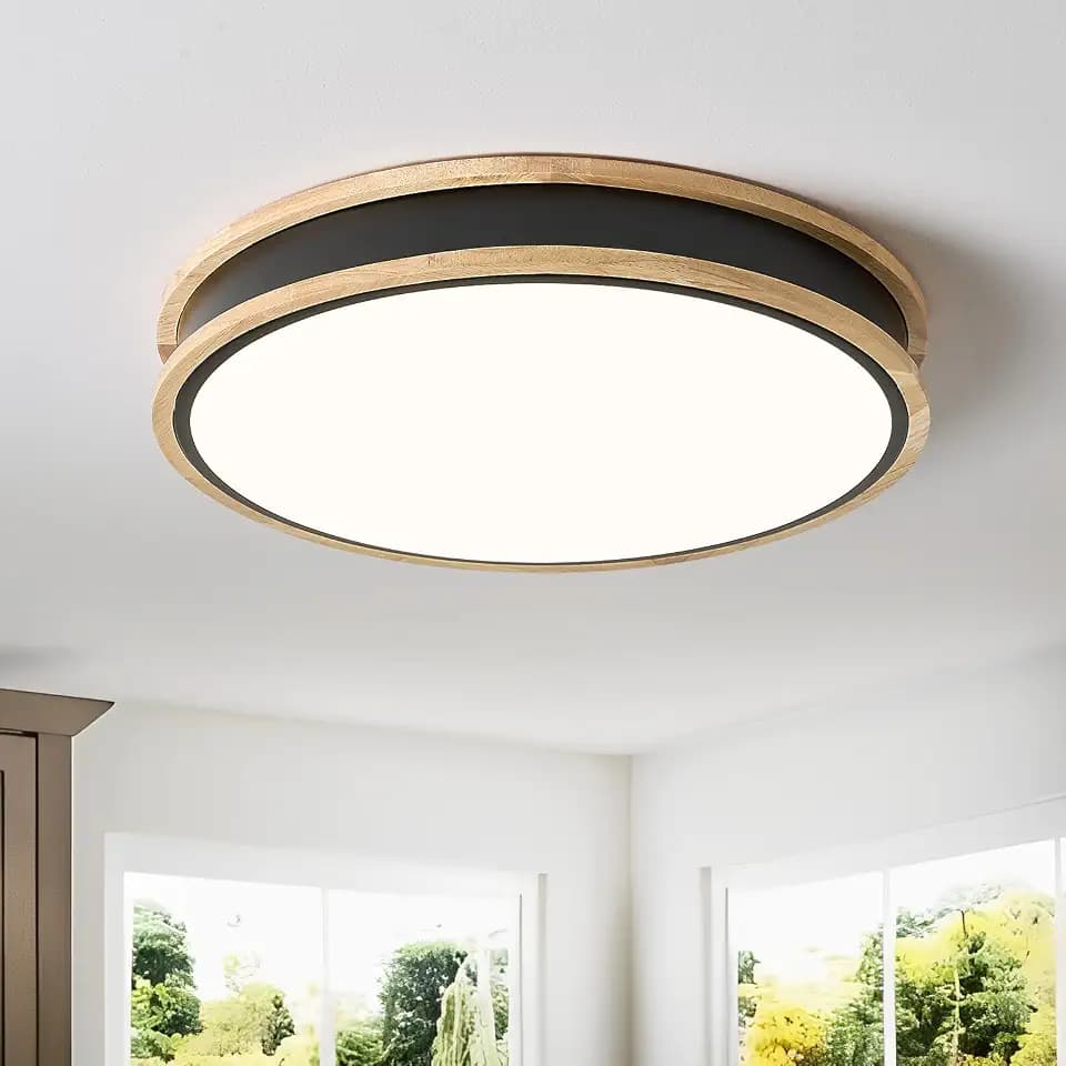 Moderne LED Deckenleuchte, Deckenlampe Rund Holz, Schwarz, 30cm 24W